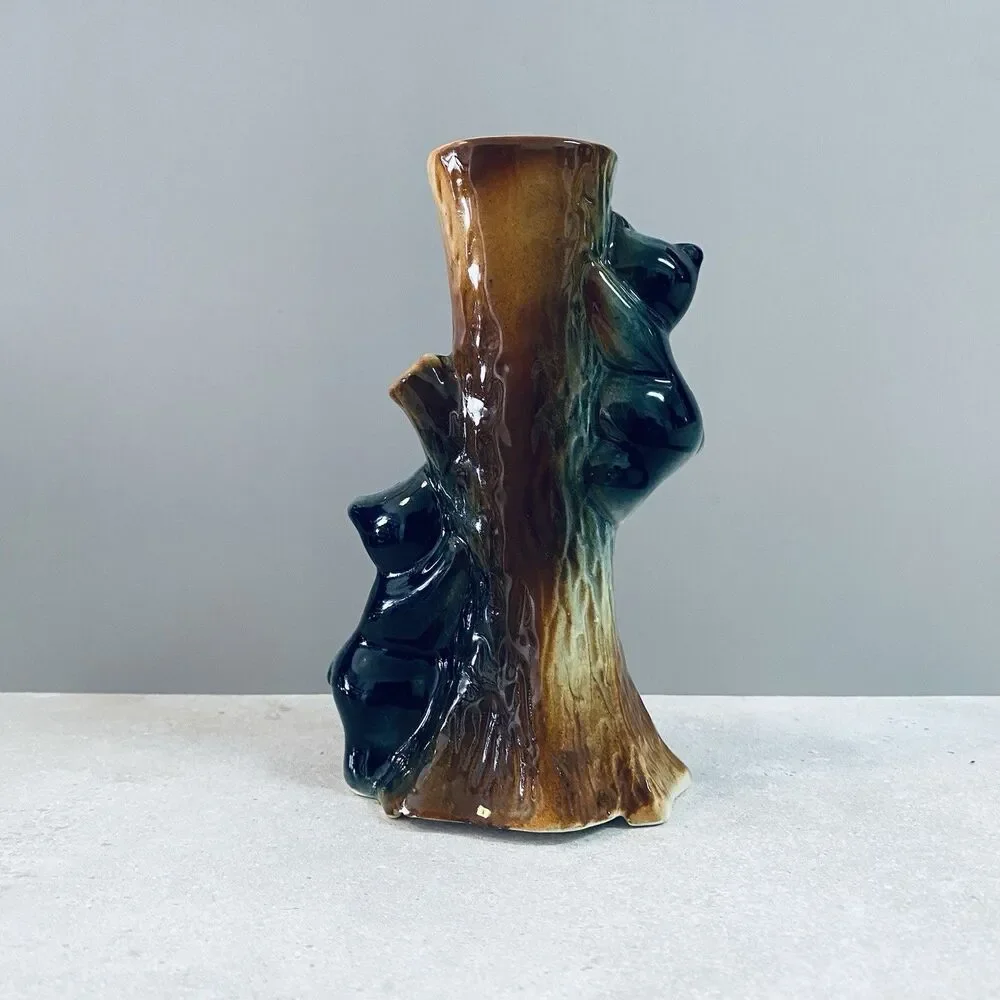 Vintage FREDERICKSBURG ART POTTERY Company Bear Cubs Hugging A Tree Bud Vase